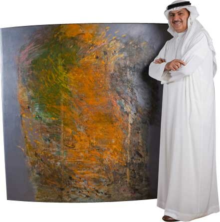 Shaikh Rashid with one of his 21st-century oils on a convex canvas, a universal concept in light and beyond. 